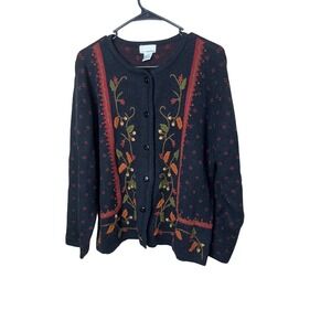 Vintage K.B. Collections Black Floral Embroidered Button Cardigan Sweater L